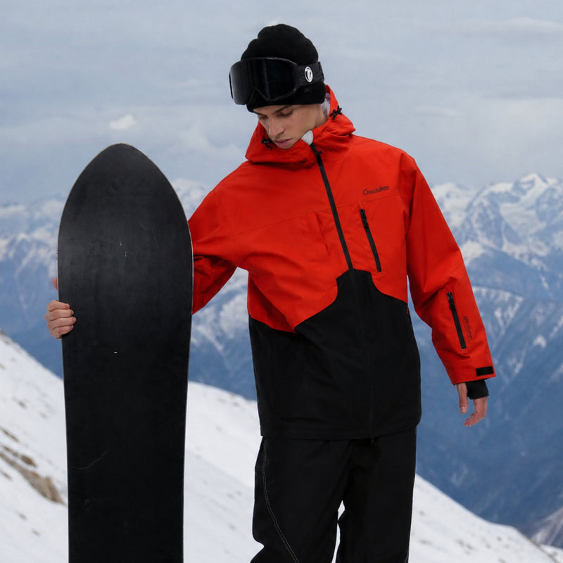 Breathable 2L snowboard jacket and pants - orange-red and black colorblock, for all-mountain and backcountry days