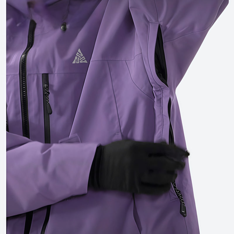 Men's waterproof 3L insulated snow jacket - purple, underarm vent close-up with hand, for powder and piste riding