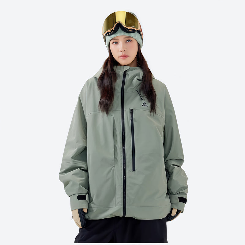 Women's waterproof 3L insulated snow jacket - sage green insulated jacket, on-model front view, for powder and piste riding