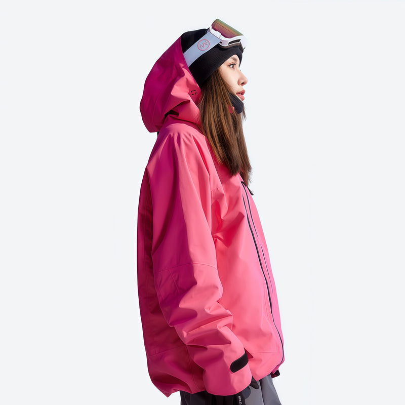 Women's waterproof 3L insulated snow jacket - pink insulated jacket, side view with hood up, for skiing and snowboarding