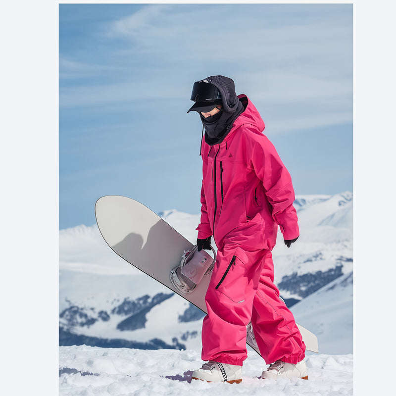 Men's adjustable insulated snowboard jacket - pink insulated jacket with pink pants, for powder and piste riding