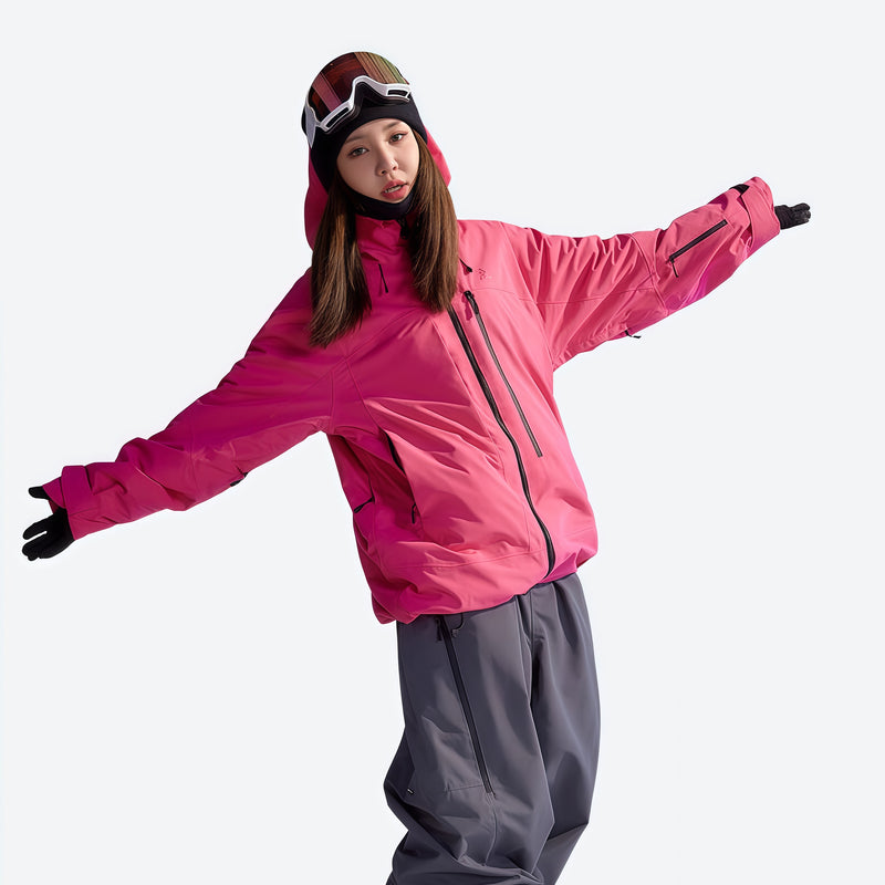 Women's breathable 3-layer padded ski jacket - pink jacket with gray pants, for resort and backcountry days