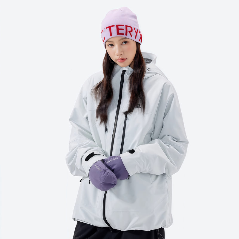 Women's insulated snowboard jacket with snow skirt - white insulated jacket, for powder and piste riding