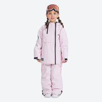 
                  
                    Kids breathable 2-layer ski suit - pink kids jacket with pink pants, on-model front view, for family resort trips
                  
                