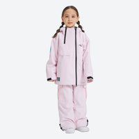
                  
                    Kids snowboard jacket and pants with snow gaiters - pink kids jacket with pink pants, for snow play and winter commute
                  
                