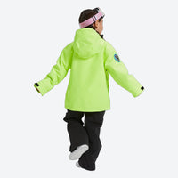 
                  
                    Kids waterproof 2L snow jacket and pants set - neon green kids jacket with black pants, for snow play and winter commute
                  
                