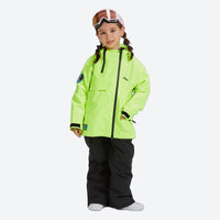 
                  
                    Kids breathable 2-layer ski suit - neon green kids jacket with black pants, for kids skiing and snowboarding
                  
                