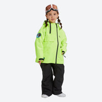 
                  
                    Kids waterproof 2L snow jacket and pants set - neon green kids jacket with black pants, for cold-weather winter sports
                  
                