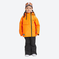 
                  
                    Kids snowboard jacket and pants with snow gaiters - orange kids jacket with black pants, for cold-weather winter sports
                  
                