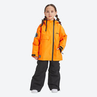 
                  
                    Kids breathable 2-layer ski suit - orange kids jacket with black pants, on-model front view, for family resort trips
                  
                