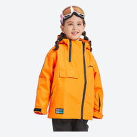 
                  
                    Kids snowboard jacket and pants with snow gaiters - orange kids jacket, on-model front view, for snow play and winter commute
                  
                