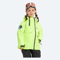 
                  
                    Kids breathable 2-layer ski suit - neon green kids jacket, on-model front view, for cold-weather winter sports
                  
                