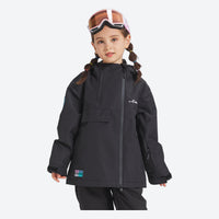 
                  
                    Kids snowboard jacket and pants with snow gaiters - black kids jacket, on-model front view, for cold-weather winter sports
                  
                