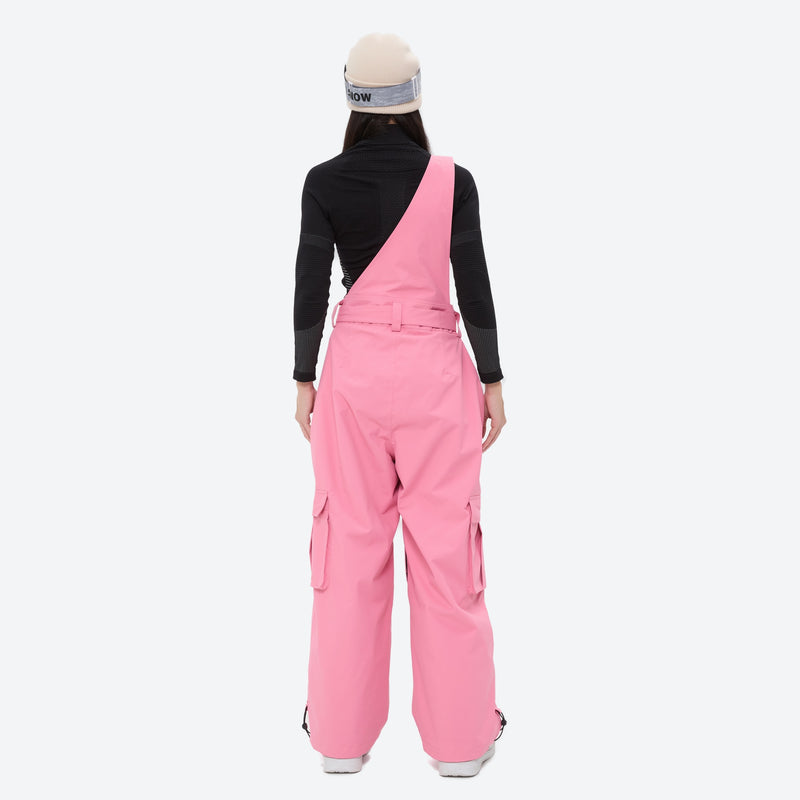 Unisex waterproof 3L bib snow pants - pink bib snow pants with black top, on-model back view, for powder and piste riding
