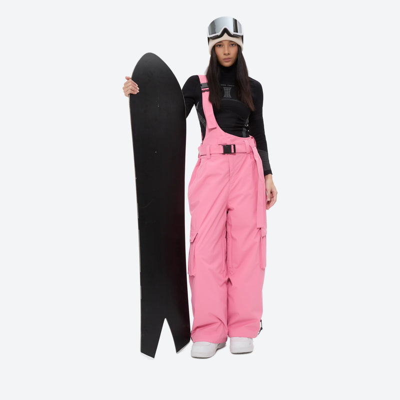 Unisex bib snowboard pants with snow gaiters - pink bib snow pants, for powder and piste riding