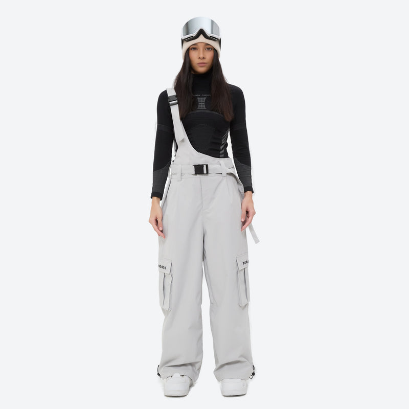 Unisex bib snowboard pants with snow gaiters - light gray bib snow pants with black top, for skiing and snowboarding