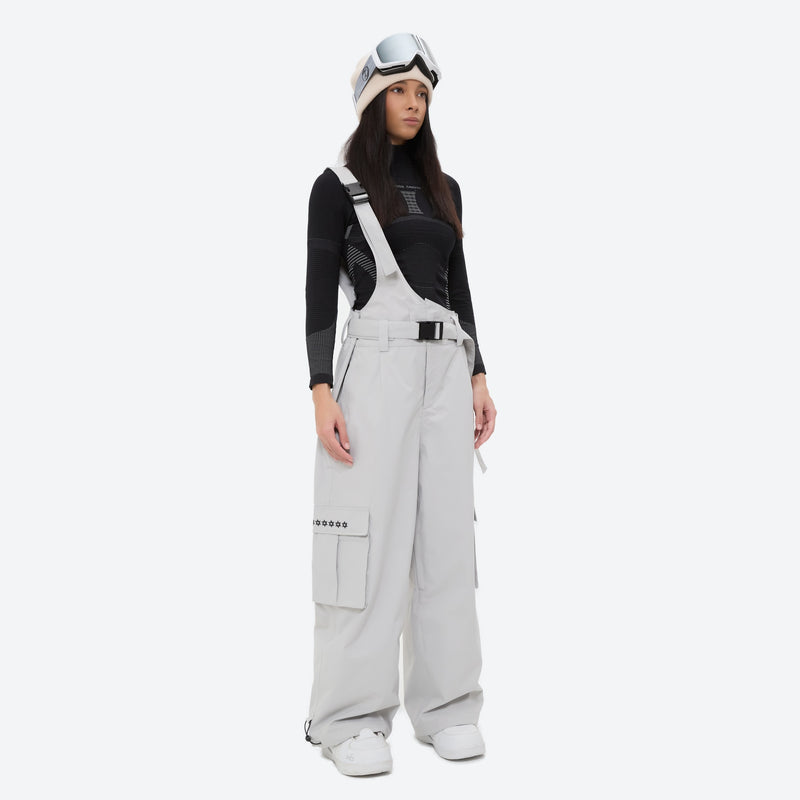 Unisex bib snowboard pants with snow gaiters - light gray bib snow pants with black top, for cold-weather winter sports