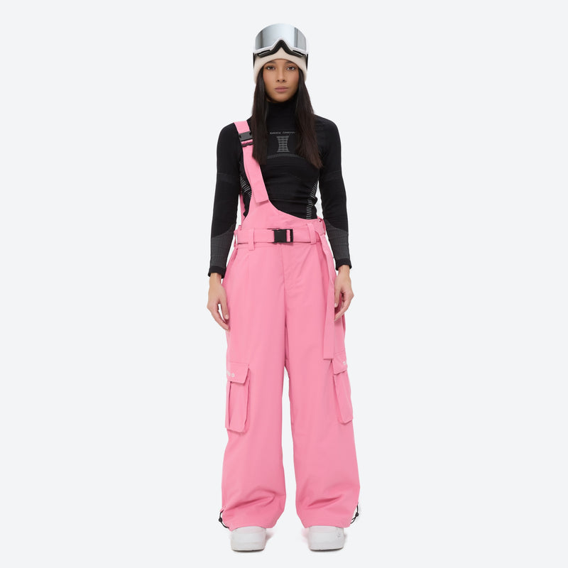 Breathable 3-layer suspender ski pants with cargo pockets - pink bib snow pants with black top, on-model front view