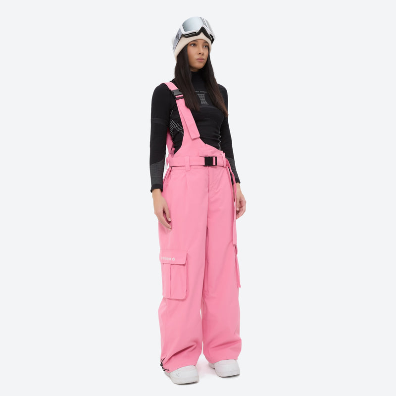 Breathable 3-layer suspender ski pants with cargo pockets - pink bib snow pants with black top, for skiing and snowboarding