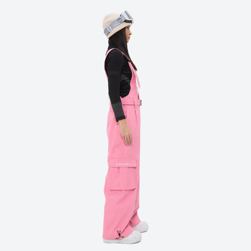 Unisex bib snowboard pants with snow gaiters - pink bib snow pants with black top, for resort and backcountry days