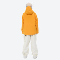 
                  
                    Women's 3-layer snowboard jacket and pants - mustard yellow anorak jacket with white pants, for resort and backcountry days
                  
                