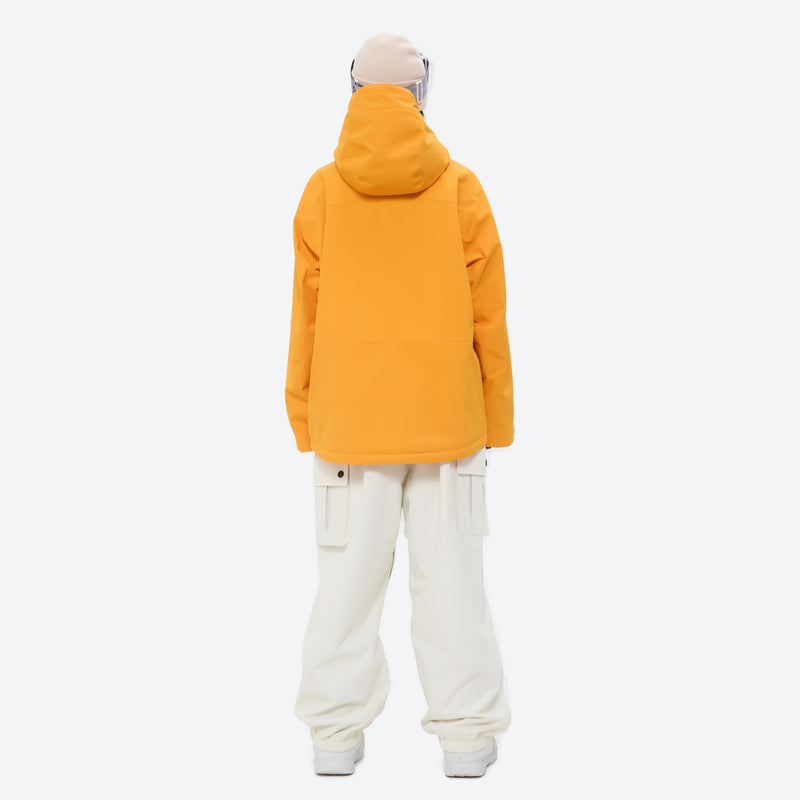 Women's 3-layer snowboard jacket and pants - mustard yellow anorak jacket with white pants, for resort and backcountry days