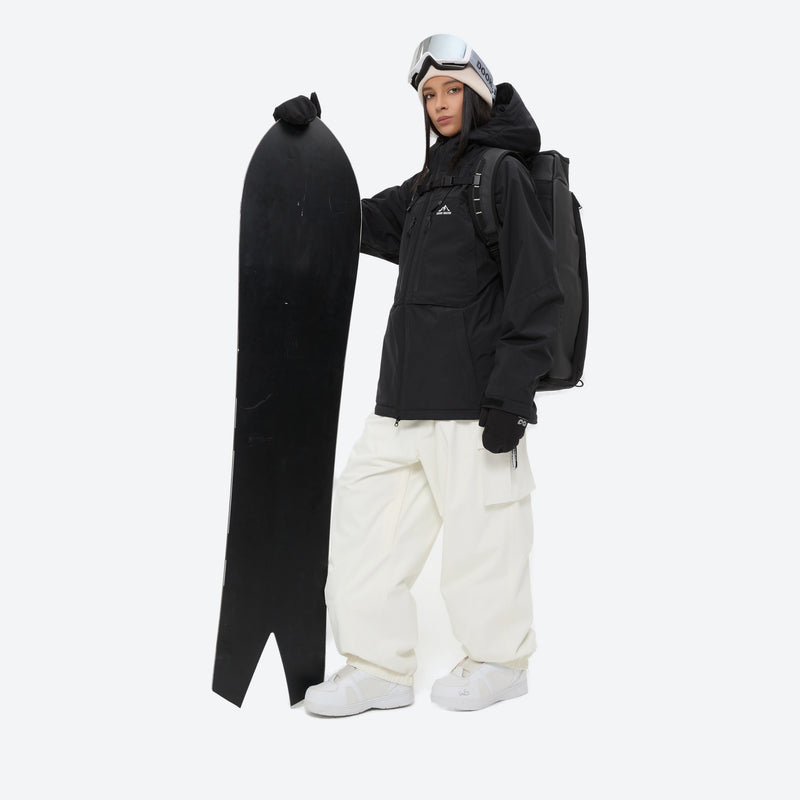 Women's 3-layer snowboard jacket and pants - black jacket with white pants, for resort and backcountry days