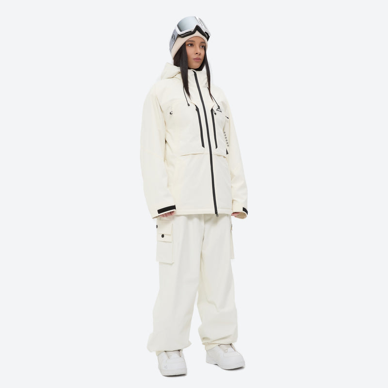 Women's waterproof 3L snow jacket and pants - white jacket with white pants, for cold-weather winter sports