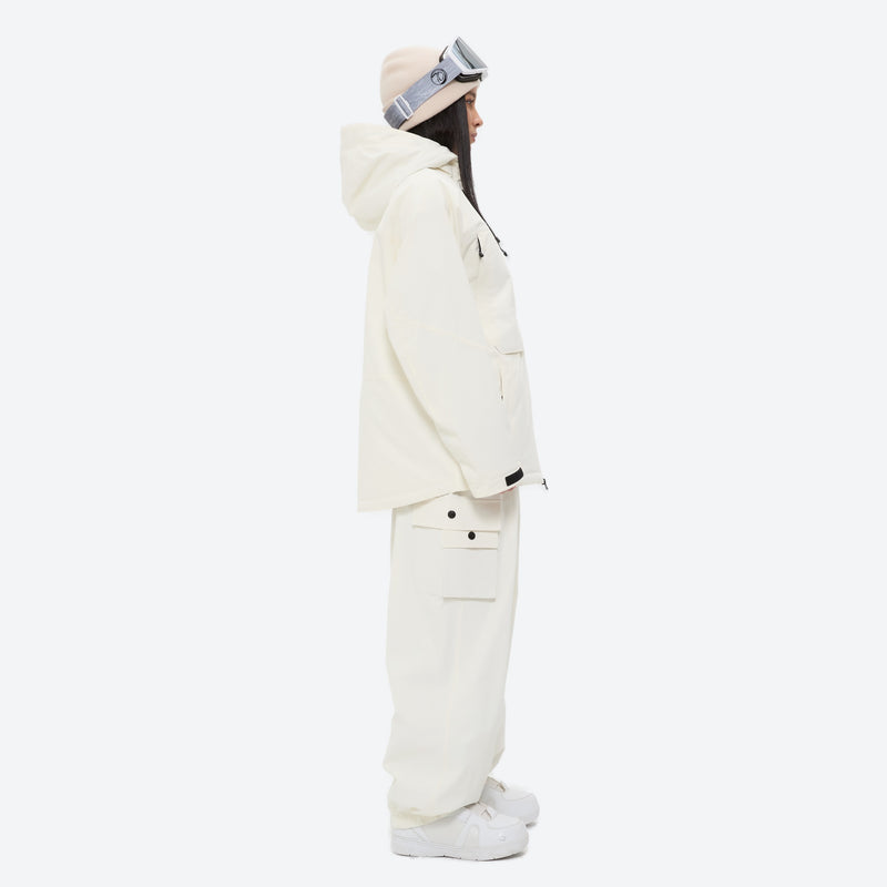 Women's breathable ski jacket and anorak set - white jacket with white pants, on-model side view, for skiing and snowboarding