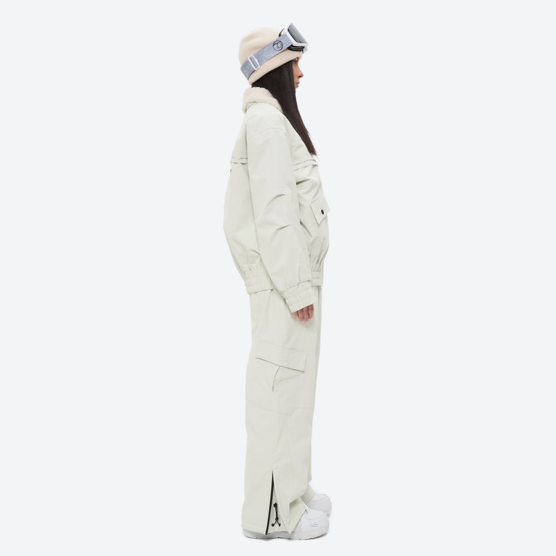 Sherpa collar breathable ski jacket set - white jacket with white pants, for powder days and winter commute