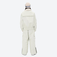 
                  
                    Unisex 3-layer snowboard jacket and pants - white jacket with white pants, on-model back view, for cold-weather winter sports
                  
                