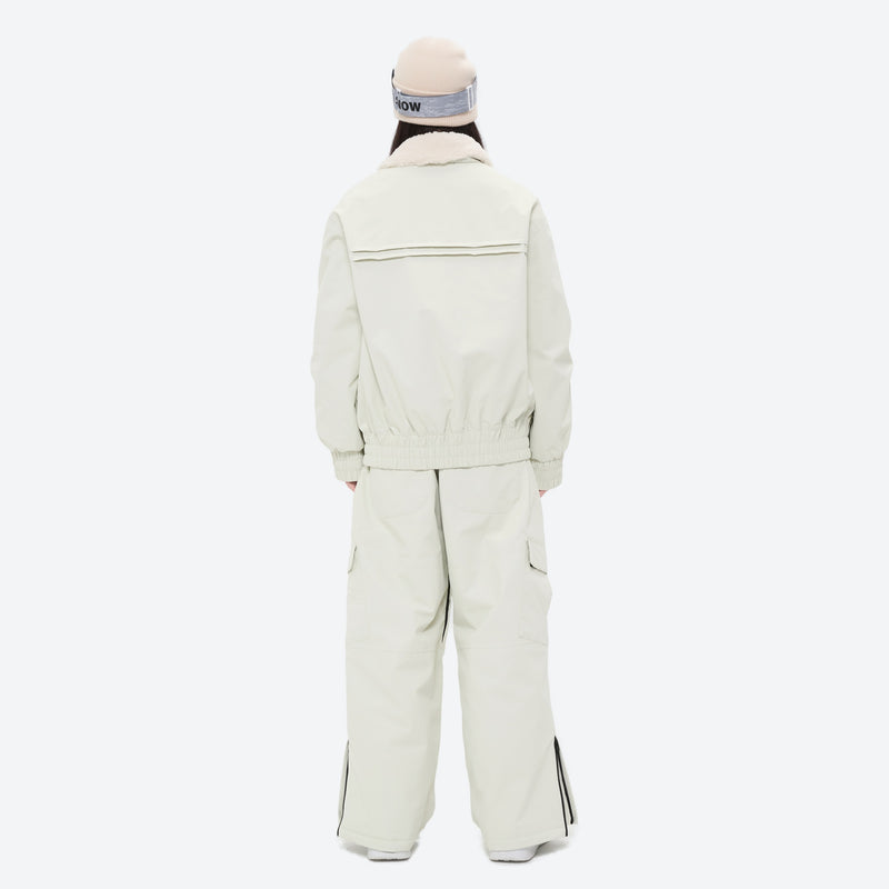 Unisex 3-layer snowboard jacket and pants - white jacket with white pants, on-model back view, for cold-weather winter sports