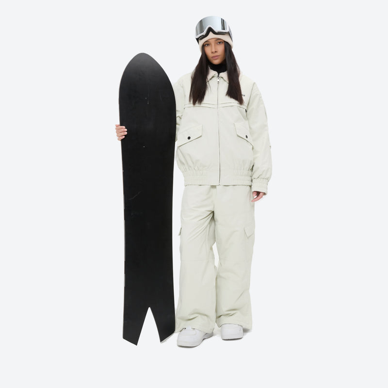 Sherpa collar breathable ski jacket set - white jacket with white pants, for cold-weather winter sports