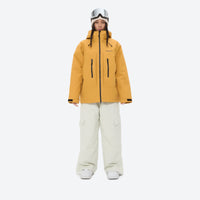 
                  
                    Unisex 3-layer snowboard jacket and pants - mustard yellow jacket with white pants, for cold-weather winter sports
                  
                