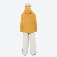 
                  
                    Unisex 3-layer snowboard jacket and pants - mustard yellow jacket with white pants, for resort and backcountry days
                  
                
