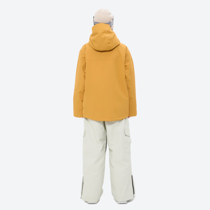 Unisex 3-layer snowboard jacket and pants - mustard yellow jacket with white pants, for resort and backcountry days