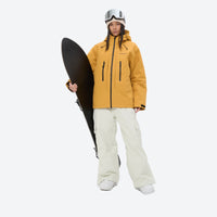 
                  
                    Unisex 3-layer snowboard jacket and pants - mustard yellow jacket with white pants, for powder and piste riding
                  
                