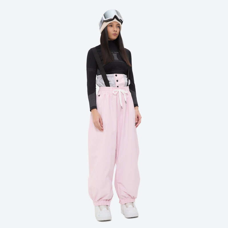 Women's 2-layer snowboard jacket and bibs - light pink bib pants with black top, for cold-weather winter sports