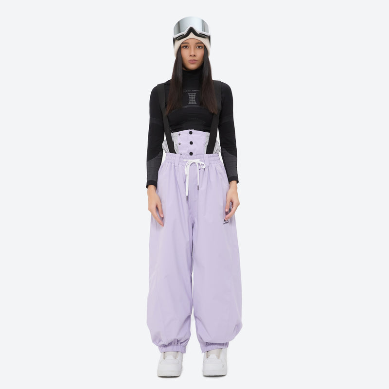 Women's 2-layer snowboard jacket and bibs - lavender bib pants with black top, for powder days and winter commute