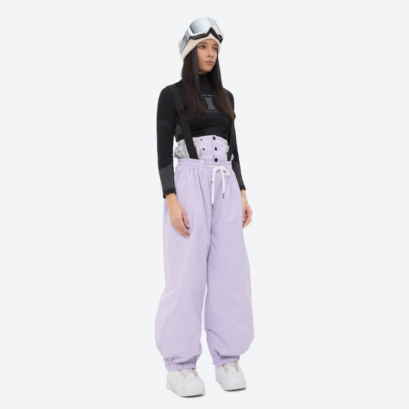 Women's quilted lining ski jacket with suspender bibs - lavender bib pants with black top, for skiing and snowboarding