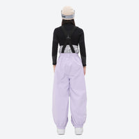 
                  
                    Women's waterproof 2L snow jacket and bib pants series - lavender bib pants with black top, on-model back view
                  
                
