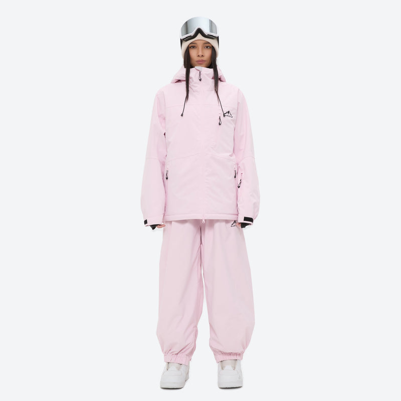 Women's quilted lining ski jacket with suspender bibs - light pink jacket with light pink bib pants