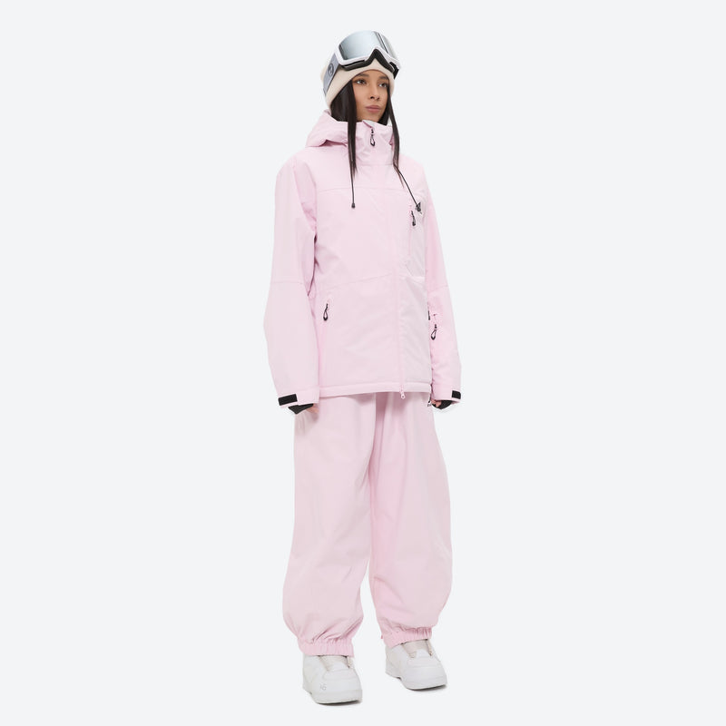 Women's quilted lining ski jacket with suspender bibs - light pink jacket with light pink bib pants, quilted warm lining