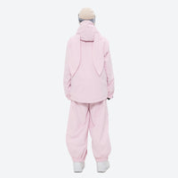 
                  
                    Women's waterproof 2L snow jacket and bib pants series - light pink jacket with light pink bib pants, on-model back view
                  
                