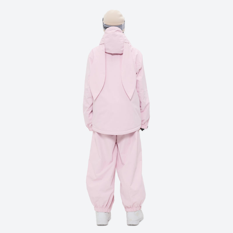 Women's waterproof 2L snow jacket and bib pants series - light pink jacket with light pink bib pants, on-model back view