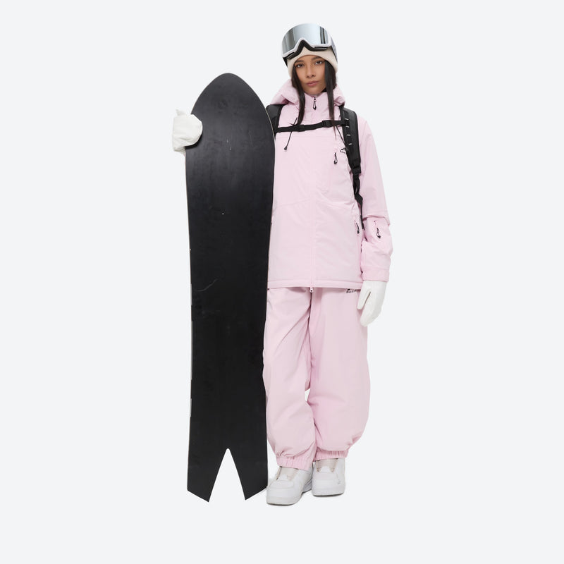 Women's 2-layer snowboard jacket and bibs - light pink jacket with light pink bib pants, for powder days and winter commute