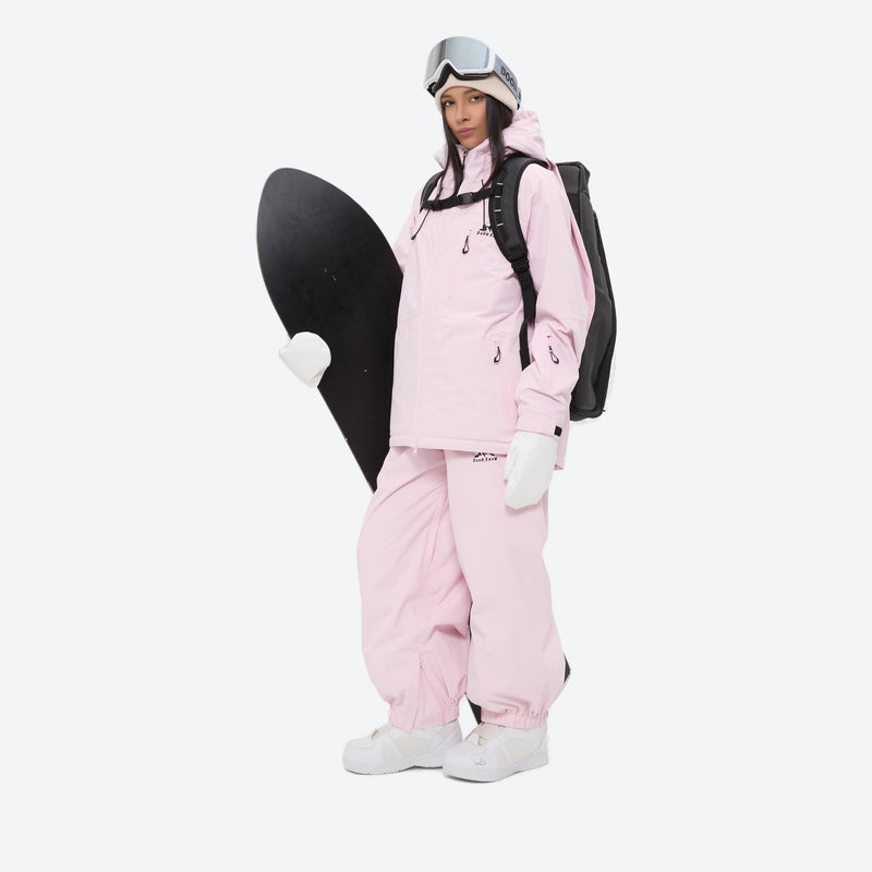 Women's waterproof 2L snow jacket and bib pants series - light pink jacket with light pink bib pants
