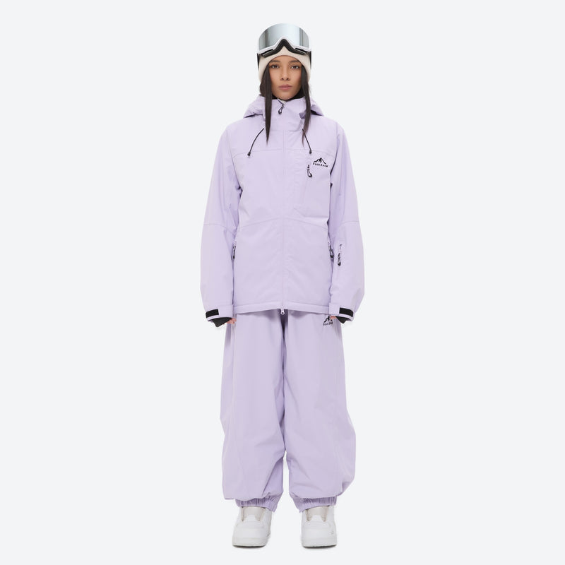 Women's quilted lining ski jacket with suspender bibs - lavender jacket with lavender bib pants
