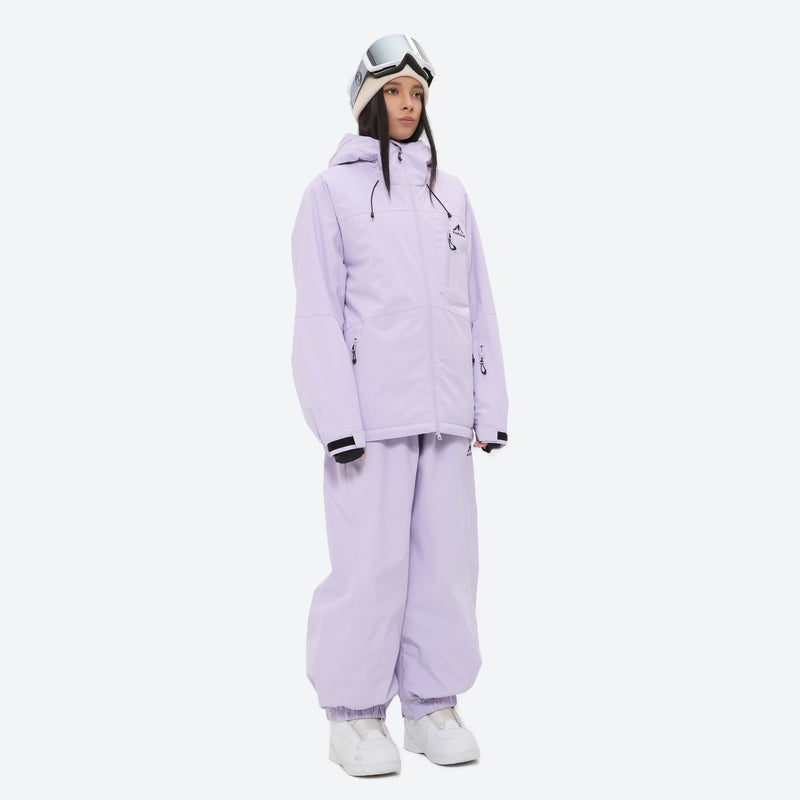 Women's waterproof 2L snow jacket and bib pants series - lavender jacket with lavender bib pants, for resort and street wear