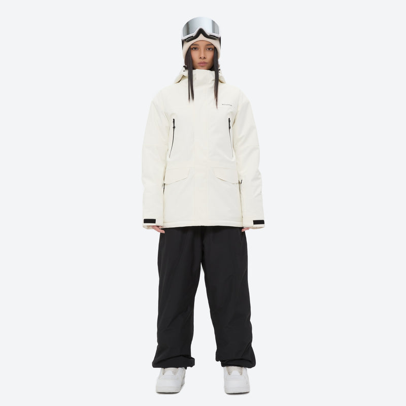 Unisex 2-layer snowboard jacket and pants - white jacket with black pants, for resort and street wear